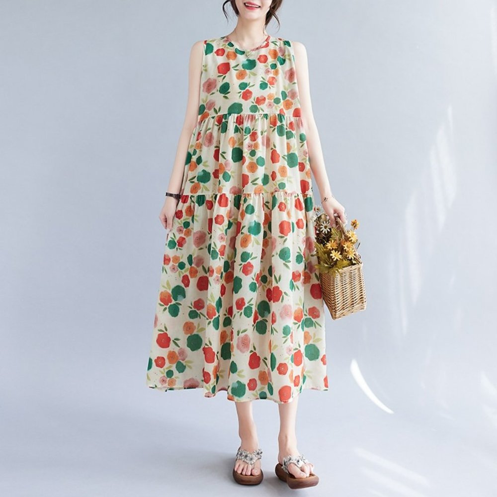 Cotton Linen Midi Dress Pattern with Pockets, Cotton Linen Dress Sleeveless